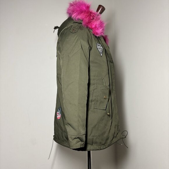 NWOT $600 PARKA PATCHED‎ HOODED Real Fur Removable Lining KHAKI COAT Sz Kid 12 - Picture 5 of 16
